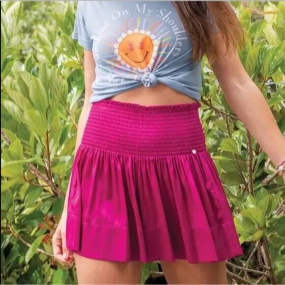 Natural Life Pink Satin Shorts Size Medium Flowy Mini Wide Smocked Elastic Waist - Picture 1 of 7